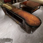 Luxury TV Stand with Curved End Panels, Natural Wood Veneer Finish and Stainless Steel Accent Details